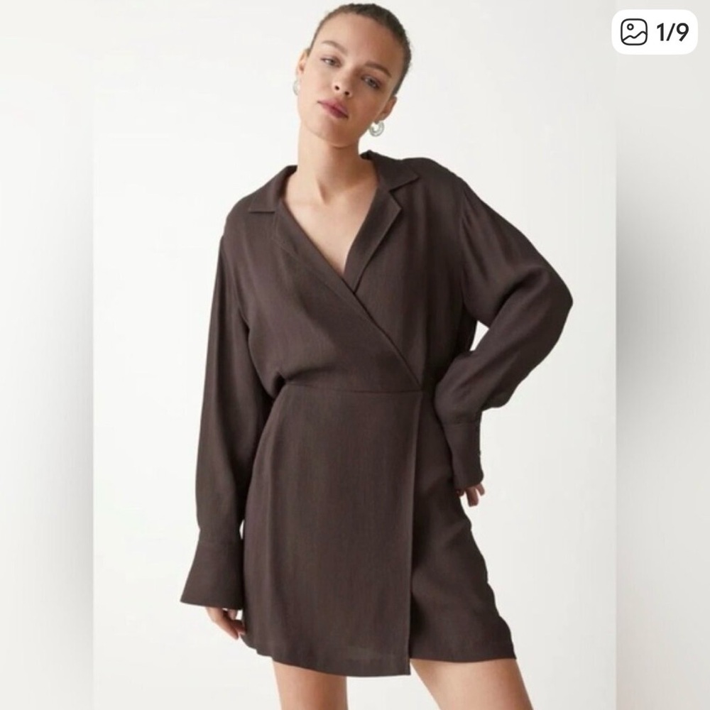 & Other Stories Collared Wrap Brown Long Sleeve Mini Dress Size 4 100% Viscose